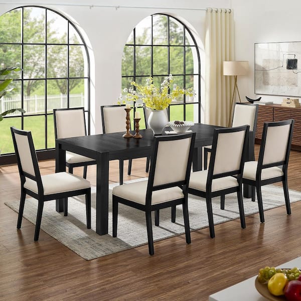 9-Piece Black Expandable Rectangular Dining Wood Top Table Set with Upholstered Linen Chairs for Kitchen Dinner 8 Seats