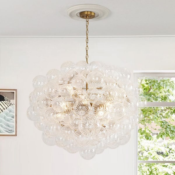 Neuvy 12-Light 35.4 in. W Brushed Gold Chandelier Large Globe Dome Sputnik Chandelier with Twisted Glass Ribs for Lobby