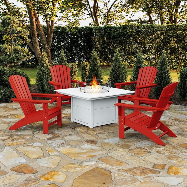 Grant Park Sunset Red 5-Piece Plastic Patio Adirondack Conversation Set with Patio Fire Pit Table