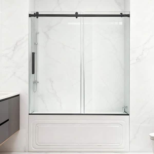 56 to 60 in. W x 62 in. H Single Sliding Frameless Tub Door in Matte Black with 5/16 in. Tempered Clear Glass
