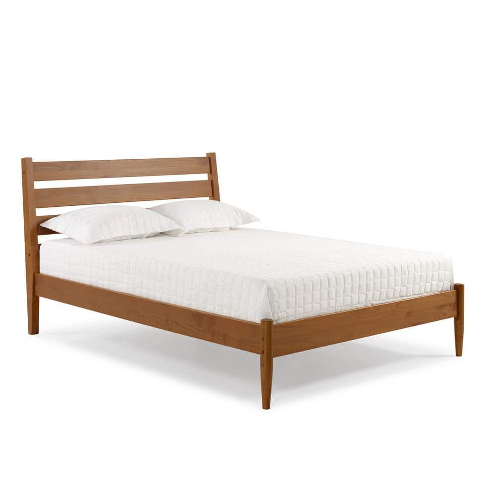 Castanho Brown Mid-Century Modern Queen Platform Bed with Slatted Headboard