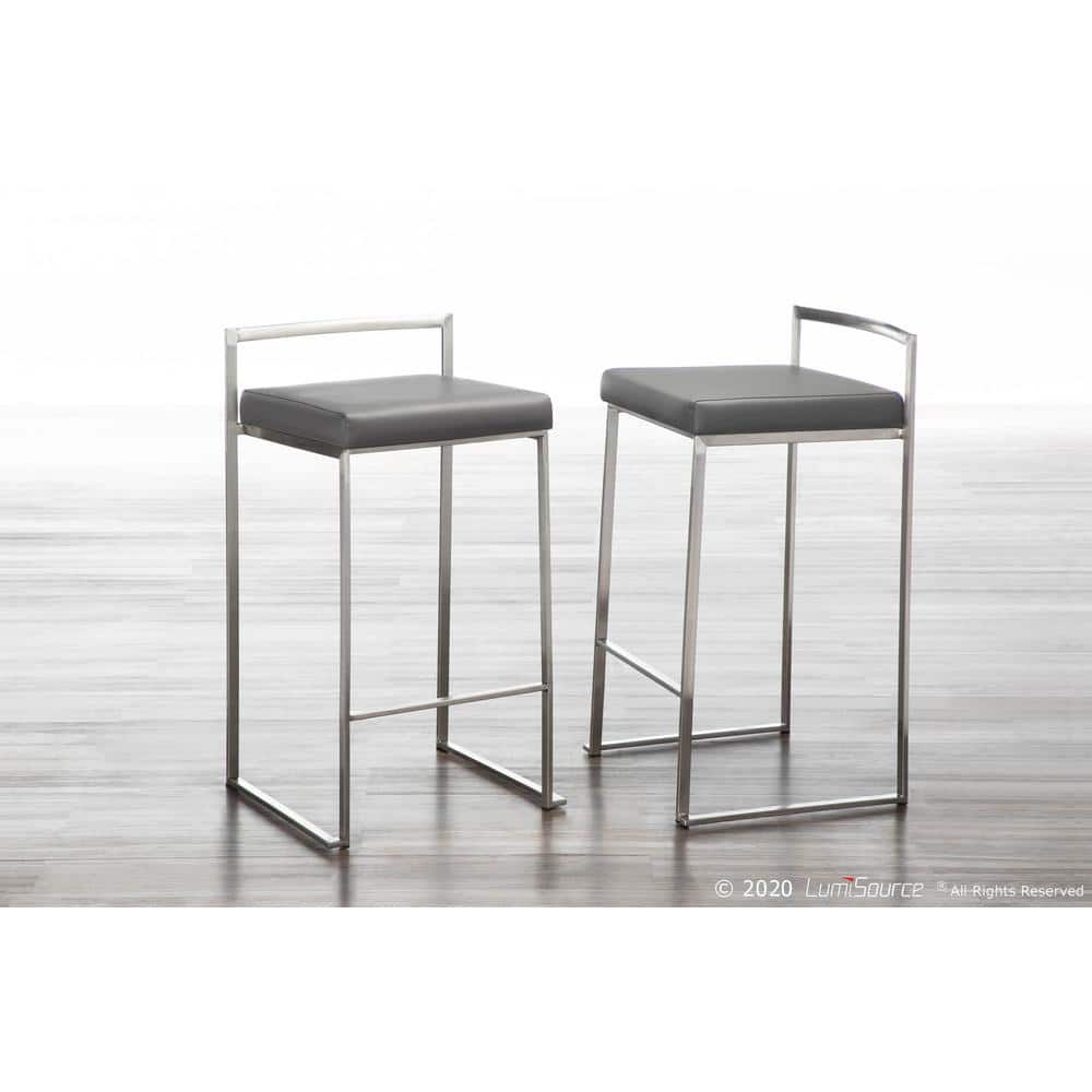 Modern Stainless Steel Counter Stools with Grey Faux Leather Cushion - Set of 2