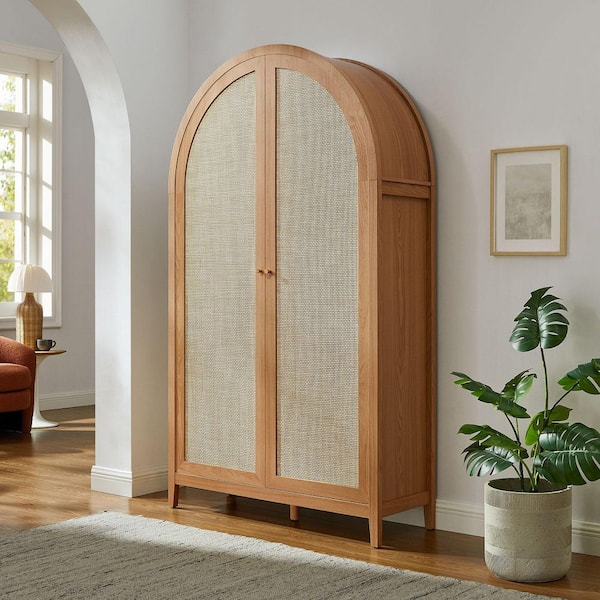 Calista Natural Brown 79 in. Wide Rattan Arched Accent Storage Cabinet with 6 Shelves