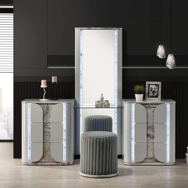 Furniture of America Wells 2-Piece Light Gray Vanity Set with Stool with Touch-Control LED on Full Length Mirror and Replicated Marble Accent