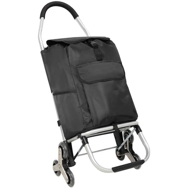 Folding Aluminium Serving Cart, Shopping Trolley with Triangular Wheels and Removable 40L Oxford Waterproof Bag, Black