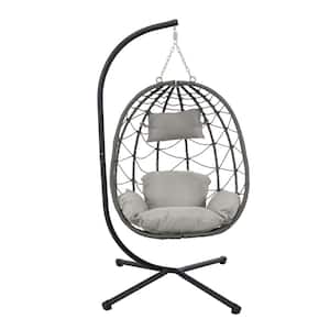 Black Metal Patio Swing Hanging Egg Chair with Stand and Gray Cushions for Balcony