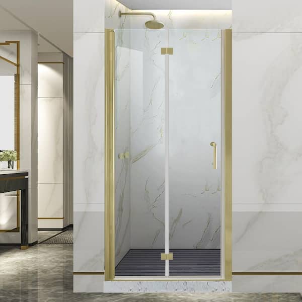 34-35.9 in.W x 72 in.H Bi-Fold Frameless Shower Door with 1/4 in Clear SGCC Tempered Glass and Brushed Gold Finish