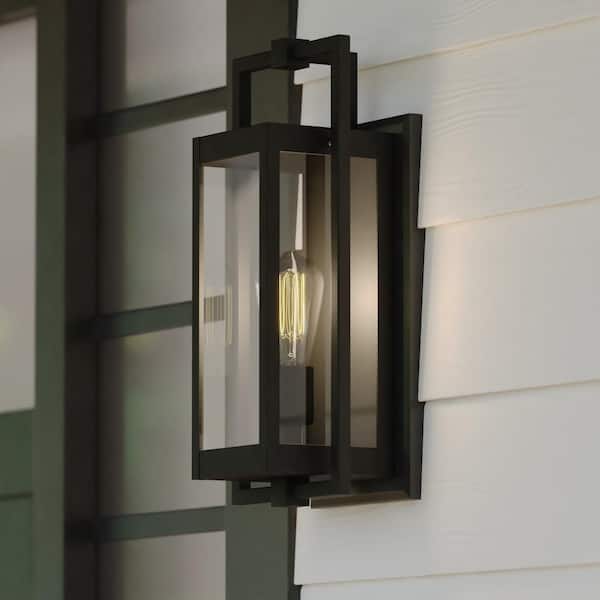 VAXCEL Sheridan 16.25 in. H 1-Light Matte Black Contemporary Hardwired Indoor Outdoor Wall Lantern Fixture with Clear Glass