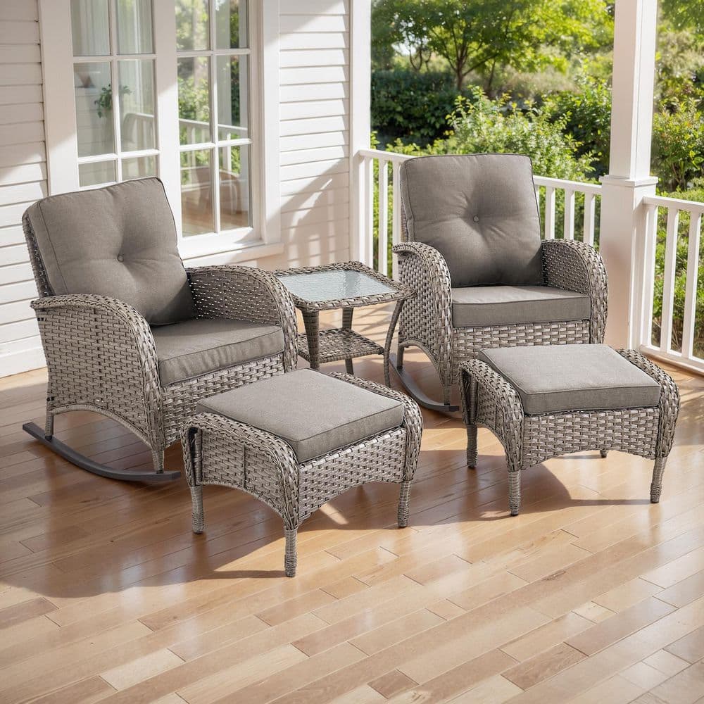 PlainCurve 5-Piece Gray Wicker Patio Conversation Set with Rocking Chairs and  Olefin Gray Cushions price history on PriceWatchPro
