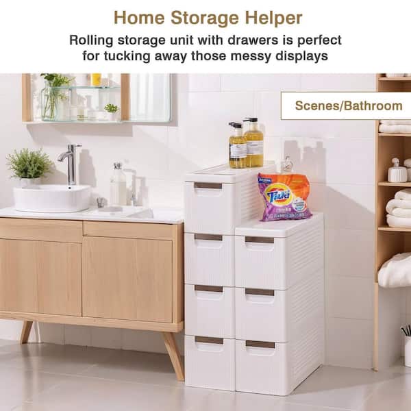 Narrow Bathroom Storage Cabinet with 3-Drawers, Slim Rolling Accent Storage Organizer with Wheels, White