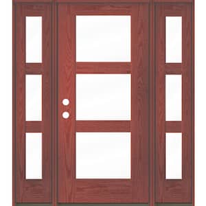 BRIGHTON Modern 64 in. x 80 in. 3-Lite Right-Hand/Inswing Clear Glass Redwood Stain Fiberglass Prehung Front Door w/DSL