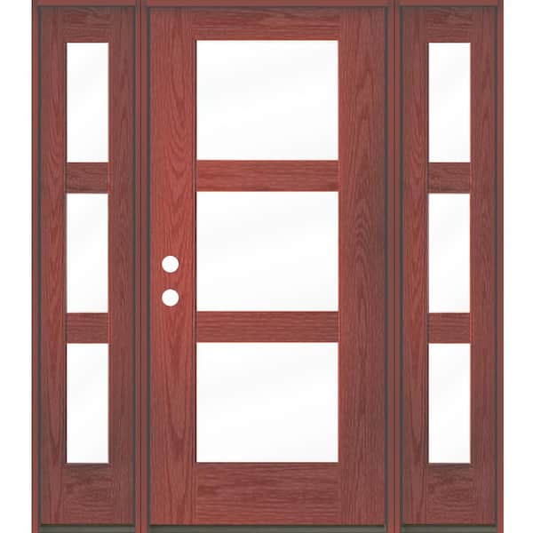 Krosswood Doors BRIGHTON Modern 64 in. x 80 in. 3-Lite Right-Hand/Inswing Clear Glass Redwood Stain Fiberglass Prehung Front Door w/DSL