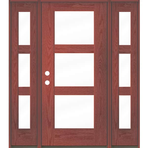 BRIGHTON Modern 64 in. x 79 in. 3-Lite Right-Hand/Inswing Clear Glass Redwood Stain Fiberglass Prehung Front Door w/DSL