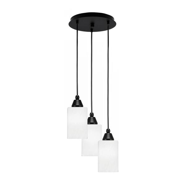 Savannah 10 in. 3-Light Matte Black Cord Pendant Light White Marble Glass Shade