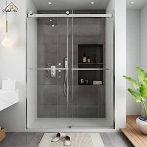60 in. W x 76 in. H Frameless Double Sliding Shower Door in Brushed Nickel with Clear Shower Glass