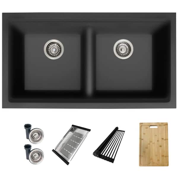 Dual Mount 33 inch Black Composite Granite Double Bowl  Workstation Kitchen Sink with Accessories