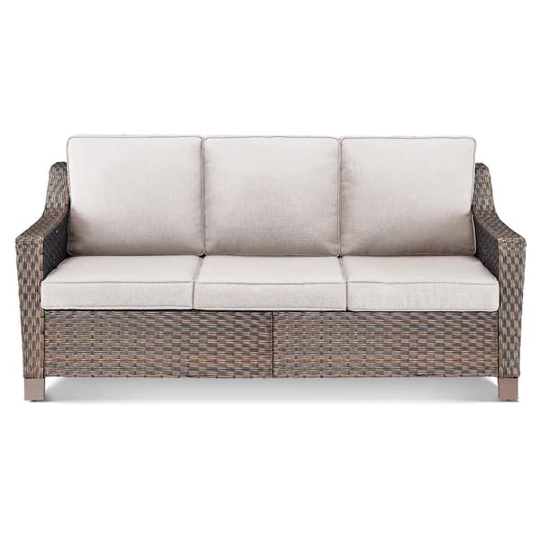 LittleRock 74 in. Brown Wicker 3-Seat Sofa 1-Piece Outdoor Couch with Cushion Guard Beige Cushions