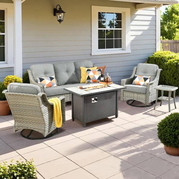 Verona 5-Piece Wicker Outdoor Patio Conversation Sofa Seating Furniture Set with a Fire Pit and Dark Grey Cushions