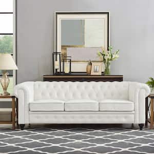 88.58 in. W Round Arm PU Faux Leather Rectangle Chesterfield Sofa, Tufted 3-Seat Cushions Couch in. White