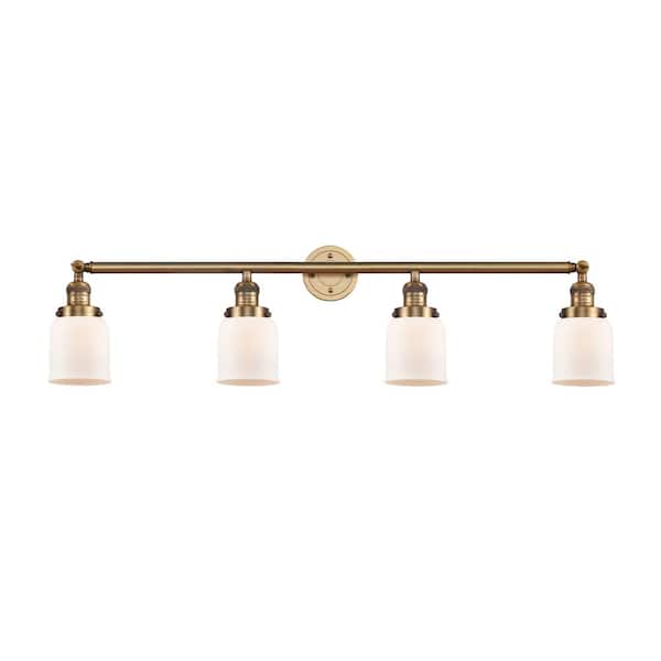 Bell 42 in. 4 Light Brushed Brass, Matte White Vanity Light with White Glass Shade