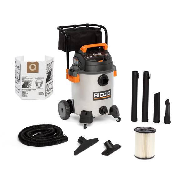 Ridgid 16 Gallon 6 5 Peak Hp Stainless Steel Wet Dry Shop Vacuum With Fine Dust Filter Hose And Accessories Wd1956 The Home Depot