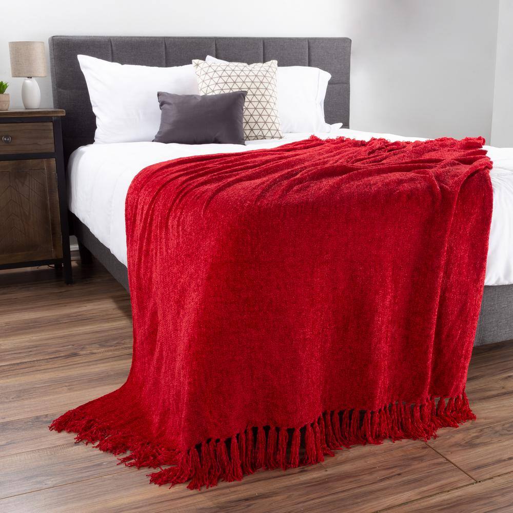 Oversized Red Chenille Throw Blanket with Fringe