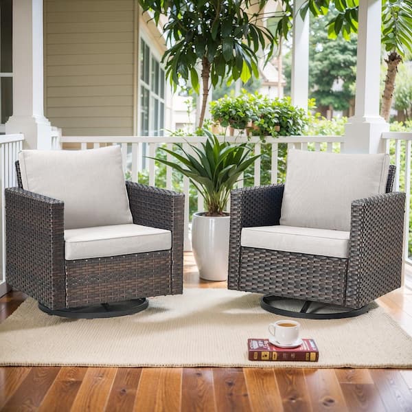 Opohoro Brown Wicker Outdoor Rocking Chair, Patio Swivel Gliders with Beige Cushions for Porch or Balcony (2-Pack)