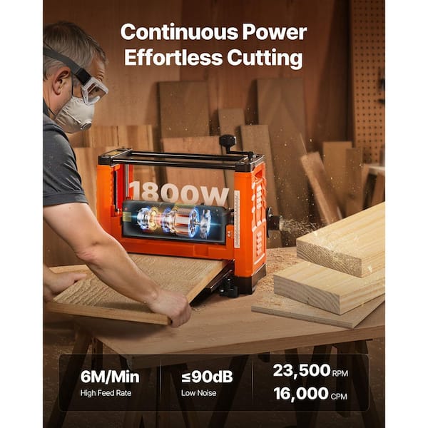 Thickness Planer 2-Blade 13in. Benchtop 1800W 23500 RPM Dual Rollers Over Protection Single Speed for Hard and Soft Wood