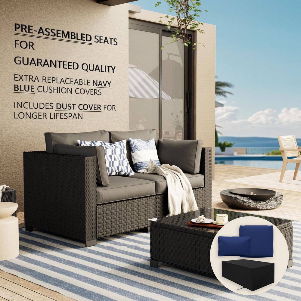 3-Piece Rattan Wicker Outdoor Patio Conversation Sofa Seating Set with Coffee Table, Dark Gray Cushions and Sofa Cover price history on PriceWatchPro