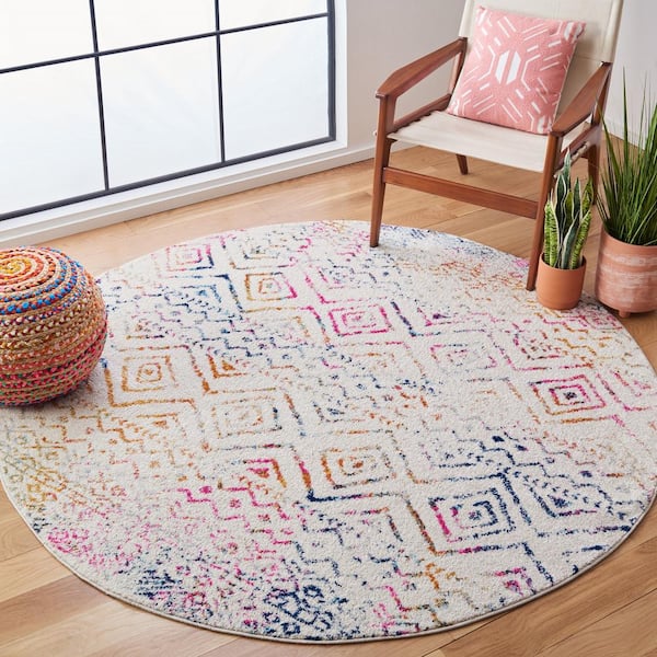 Tulum 8 ft. x 8 ft. Round Ivory/Fuchsia Striped Geometric Diamonds Area Rug