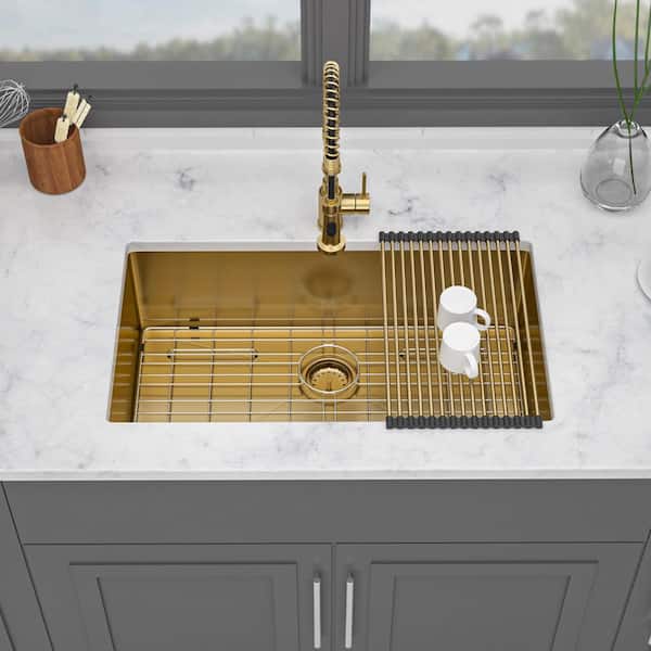 Round Gold 304 Stainless Steel Bar Sink – Single Bowl, 32cm, With Drainage Set – Compact For RV Or Small Kitchen