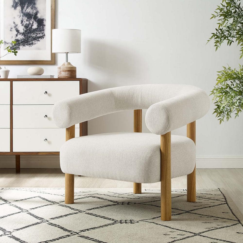 Ivory Natural Upholstered Leather Accent Chair with Wooden Legs