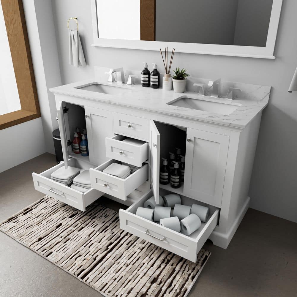 Dukes 60-Inch White Double Freestanding Vanity with Nickel Hardware