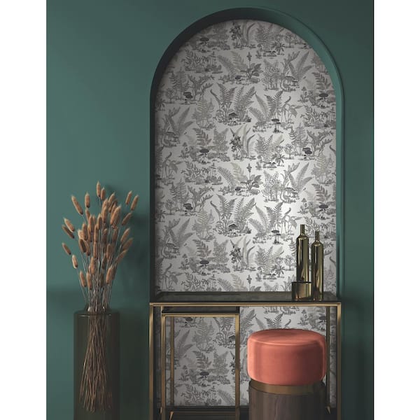 Mushroom Garden Toile White Black and Grey Wallpaper Roll