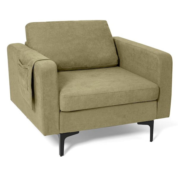 Costway 38 in. Modern Green Linen Arm Chair with Side Storage Pocket