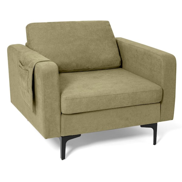 Costway Modern Linen Fabric Accent Armchair Single Sofa with  Side Storage Pocket Green