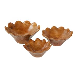 Brown Handmade Teak Wood Floral Decorative Bowl (Set of 3)