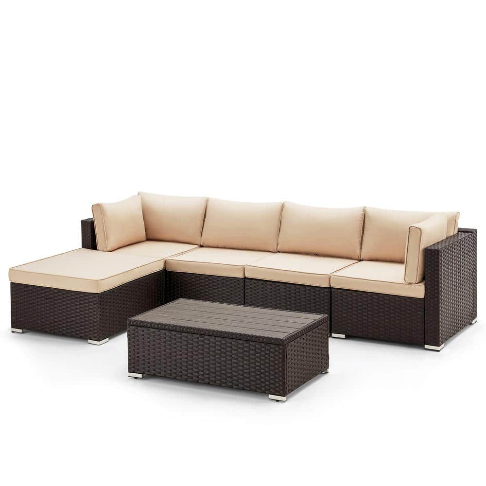 6--Piece Brown Wicker Outdoor Patio Sectional Sofa Conversation Set with khaki Cushions, 1 Ottoman and 1 Coffee table price history on PriceWatchPro