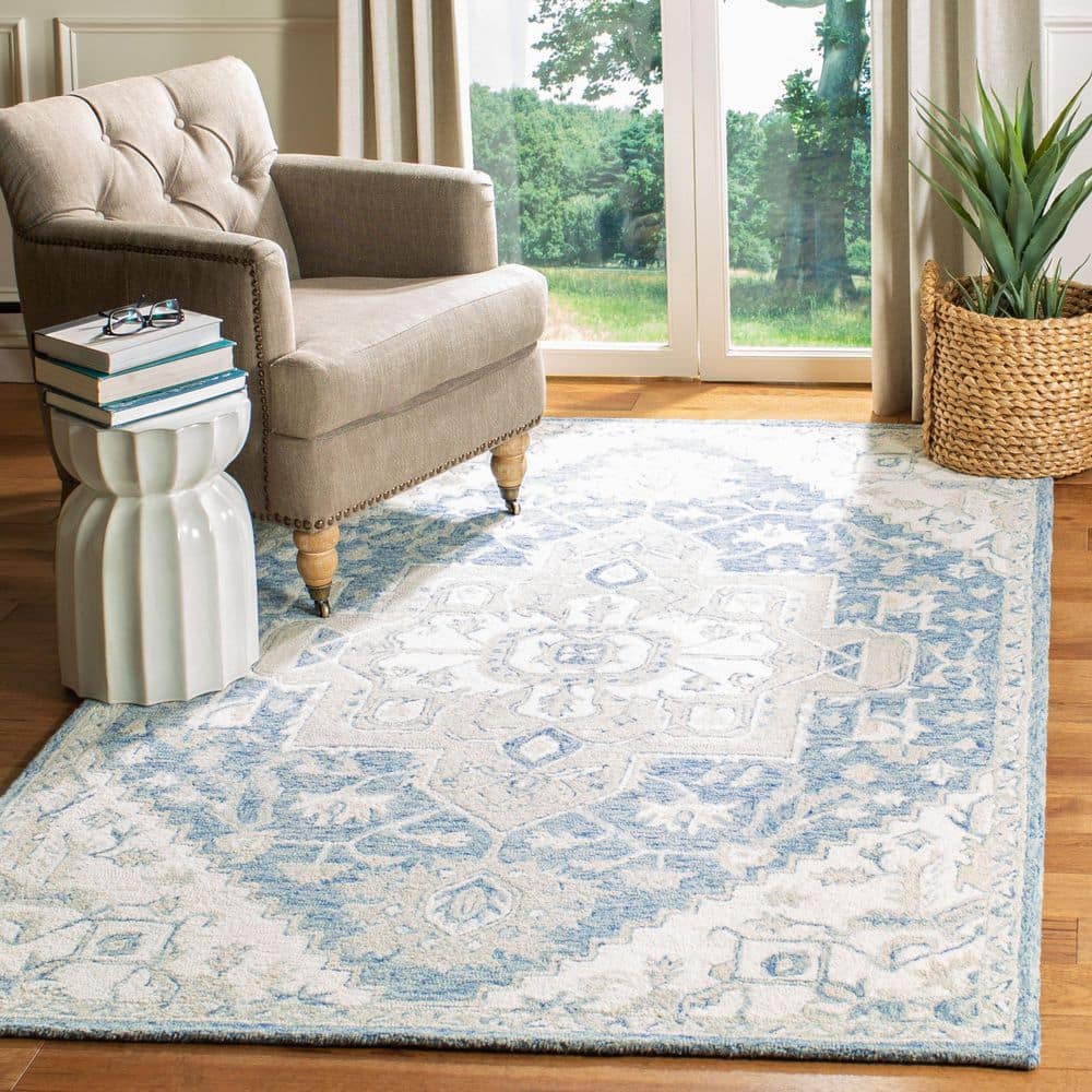 SAFAVIEH Micro-Loop Blue/Ivory 6 ft. x 9 ft. Floral Medallion Area