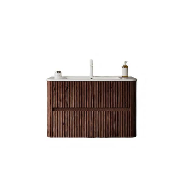 Liory 35.82 in. Single Ceramic Sink Floating Deep Walnut Bath Vanity with White Sintered Stone Top Pre-assembled