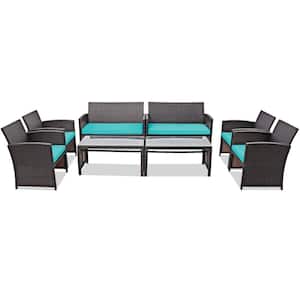 8-Piece Rattan Outdoor Patio Conversation Set Furniture Set with Turquoise Cushions