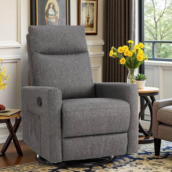 Grey Fabric High Back Swivel Recliner Chair Glider Rocking Chair for Nursery Living Room
