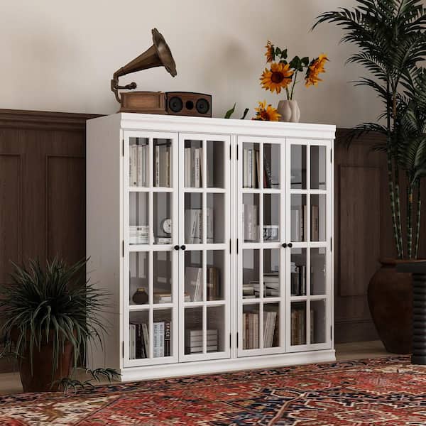 White Wooden 47.2 in. Width Sideboard, Accent Storage Cabinet with 8 Tier Shelves & 4 Glass Doors for Storage & Display