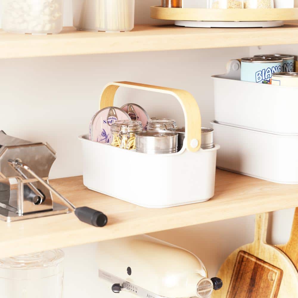 White and Natural Stackable Plastic Organizer Bin with Handle