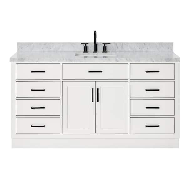 Hepburn 66 in. W x 22 in. D x 36 in. H Bath Vanity Single Sinks in White with Carrara White Marble Top