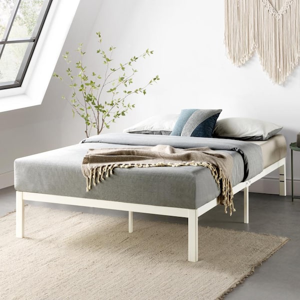 MELLOW Rocky Base E 14 in. White Full Metal Platform Bed, Patented Wide Steel Slats