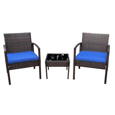 3-Piece Rattan Bistro Set Chair with Thick Cushions and Glass Top Coffee Table (Dark Blue)