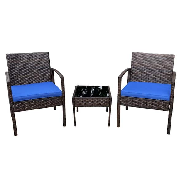 Pyramid Home Decor 3-Piece Rattan Bistro Set Chair with Thick Cushions and Glass Top Coffee Table (Dark Blue)