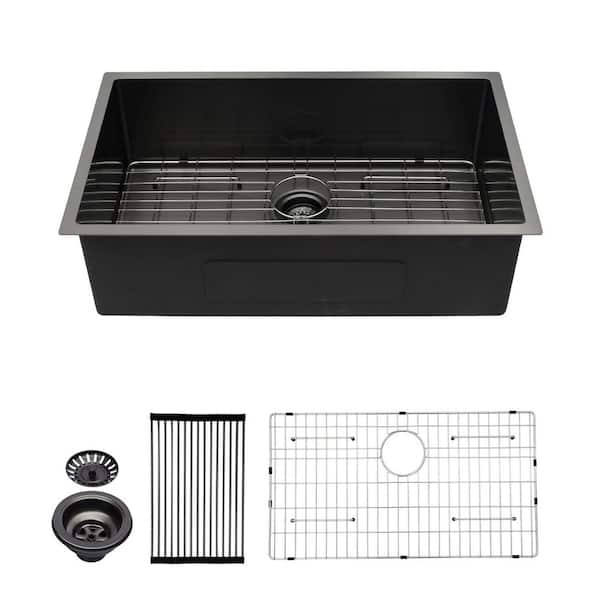 33 in. Undermount Single Bowl 16 Gauge Gunmetal Black Stainless Steel Kitchen Sink Basin with Bottom Grids, Drain