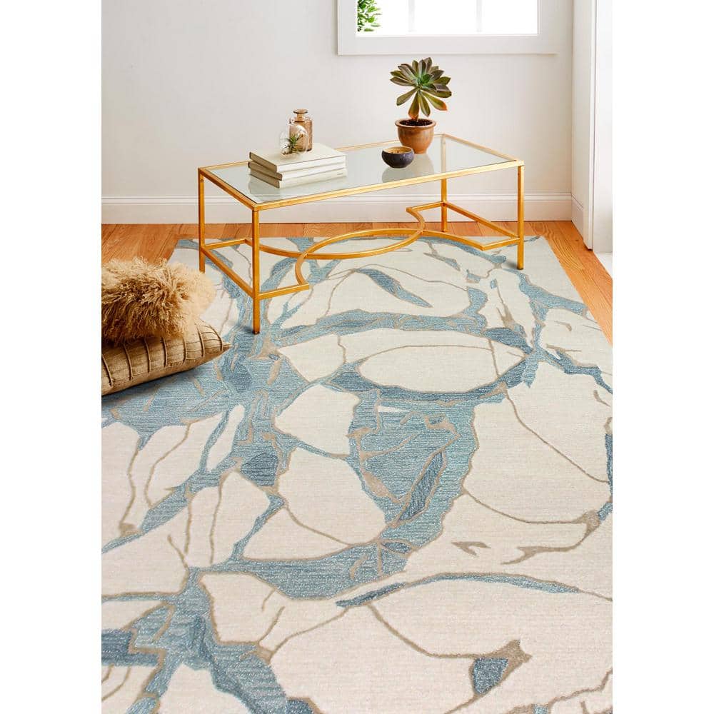 Ivory and Blue Abstract Wool and Viscose 5'6" x 8'6" Rug